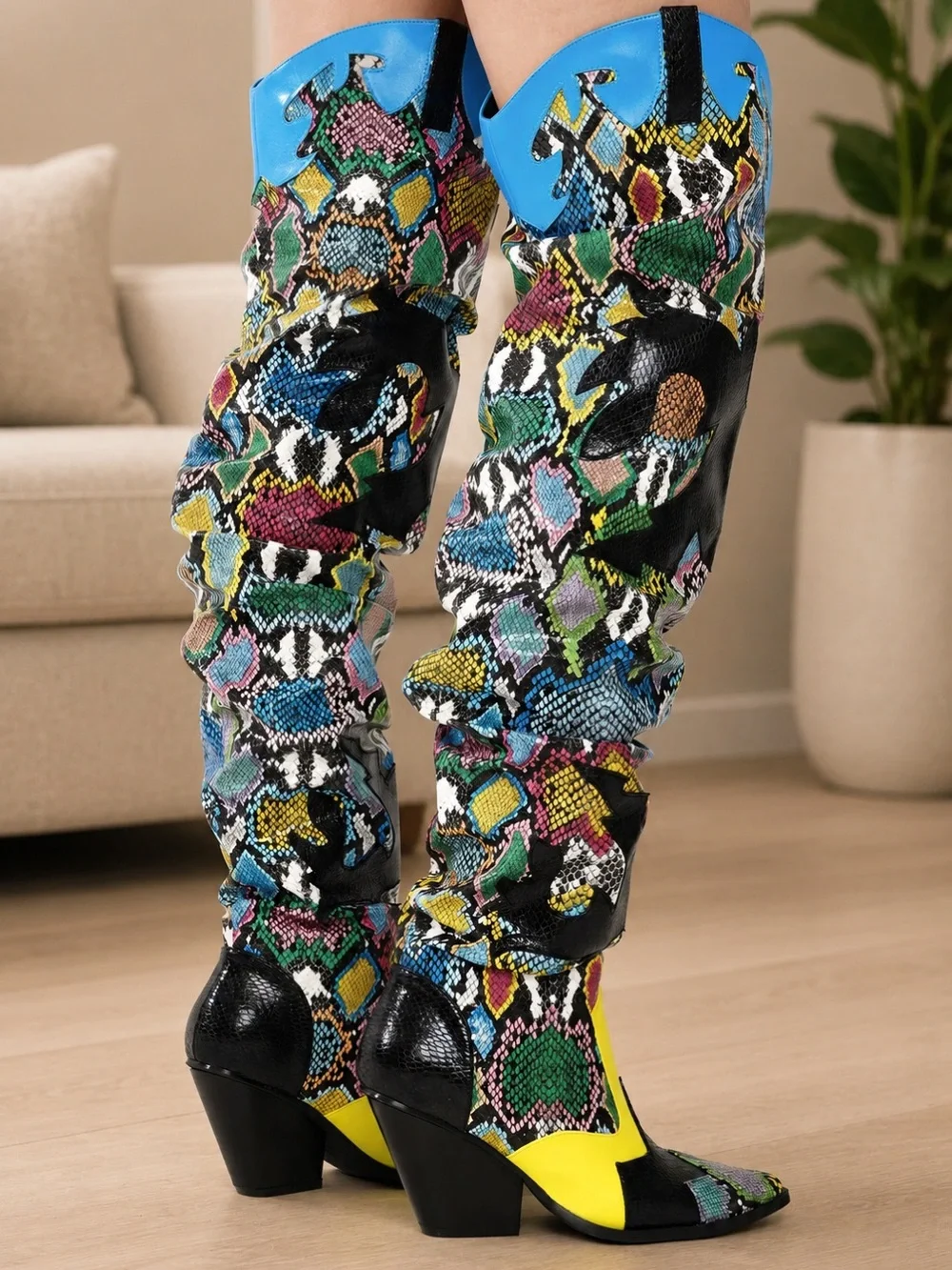 Gorgeous Statement Multicolor Snake-Print Slouchy Western over the knee boots.👢